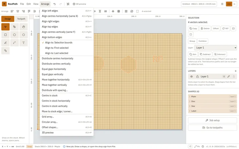 RoutPath Arrange menu with align, distribute, center in stock, grid array, circular array, offset and 3D preview commands