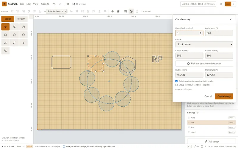 RoutPath circular array dialog previewing eight copies of a disc around the stock center