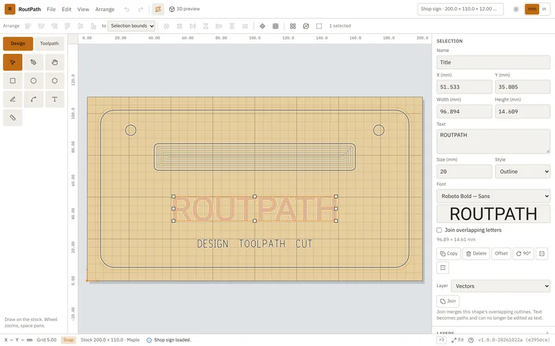 RoutPath design view of a shop sign with text, a recess and hanging holes on maple stock, with the toolpath overlay on