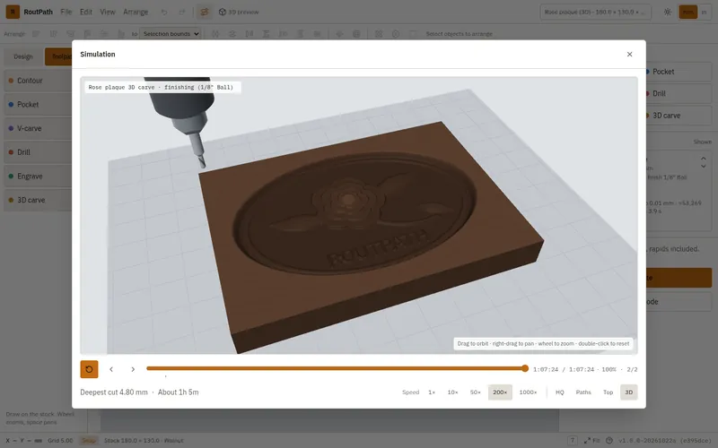 RoutPath 3D cutting simulation of a finished walnut rose plaque carved with a 1/8 inch ball-nose bit