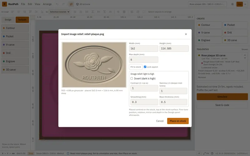 RoutPath dialog for importing an image as a 3D relief