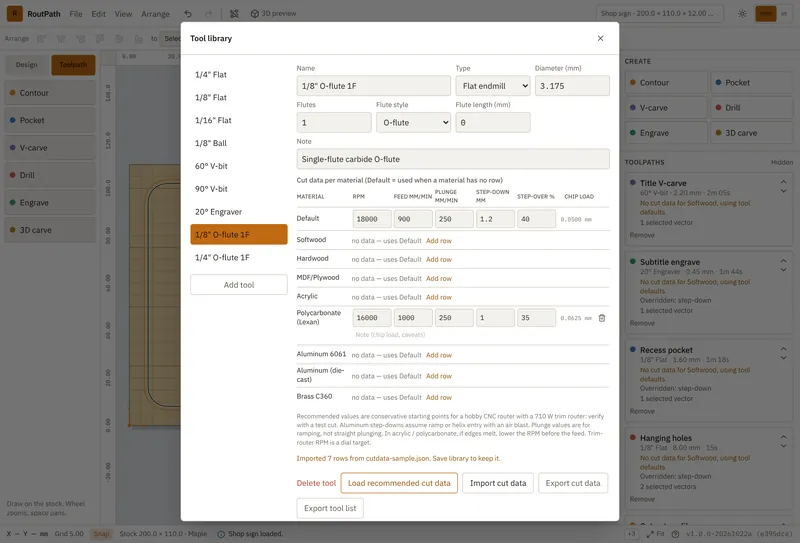 RoutPath tool library showing feeds and speeds per material