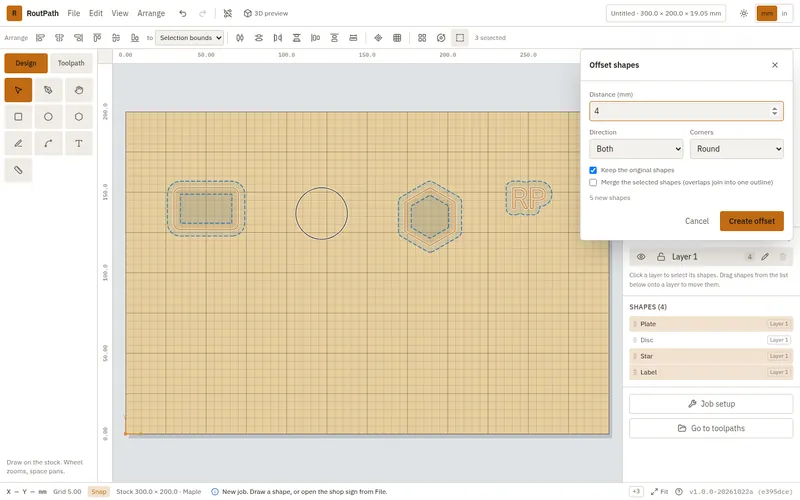 RoutPath Offset shapes dialog previewing 4 mm offsets around a rounded rectangle, a hexagon and RP lettering