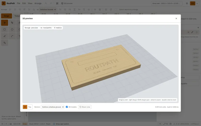 RoutPath 3D preview of the ROUTPATH shop sign on maple stock