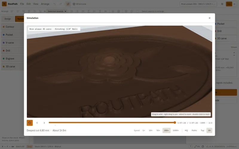 Close-up of the simulated finished 3D rose carving in RoutPath