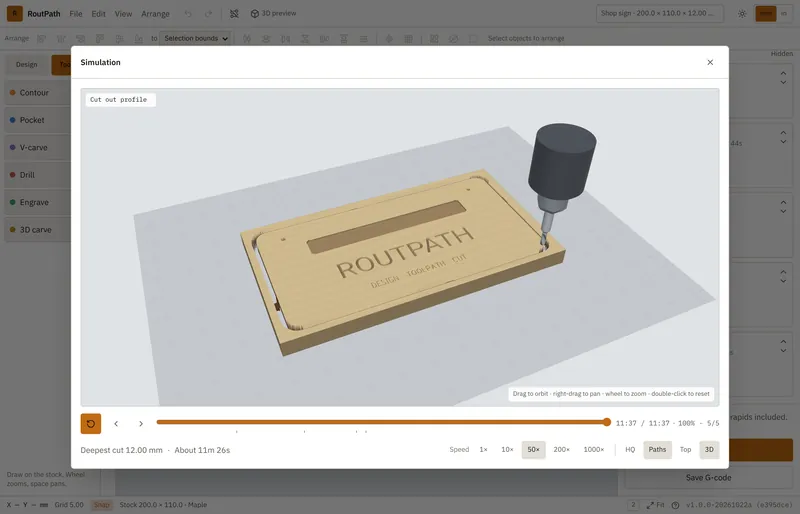 RoutPath 3D simulation of the ROUTPATH shop sign being cut out of maple stock