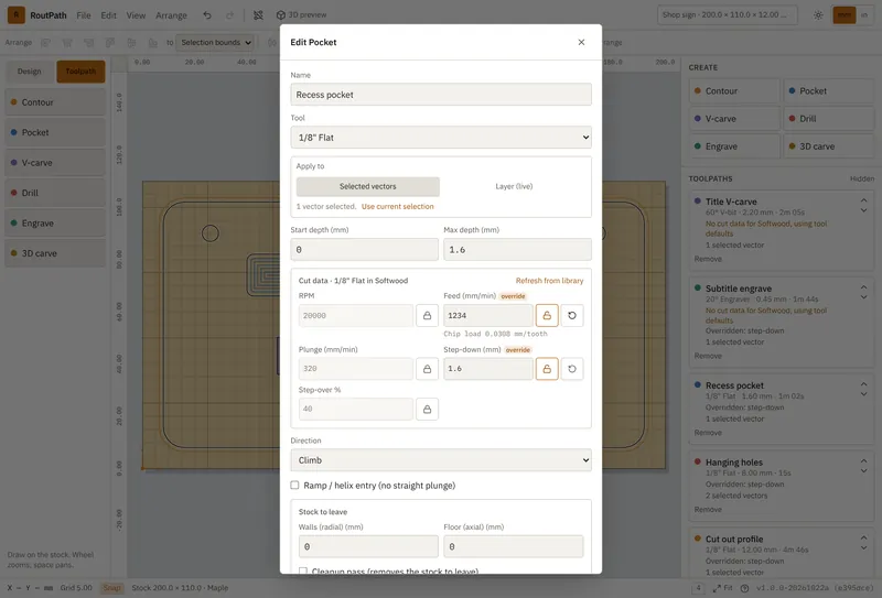 RoutPath Edit Pocket dialog with tool, depths, per-toolpath feed and step-down overrides, and stock to leave settings