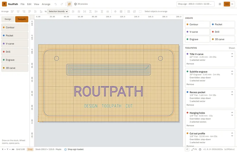 RoutPath running in a web browser with a shop sign design and its toolpath list